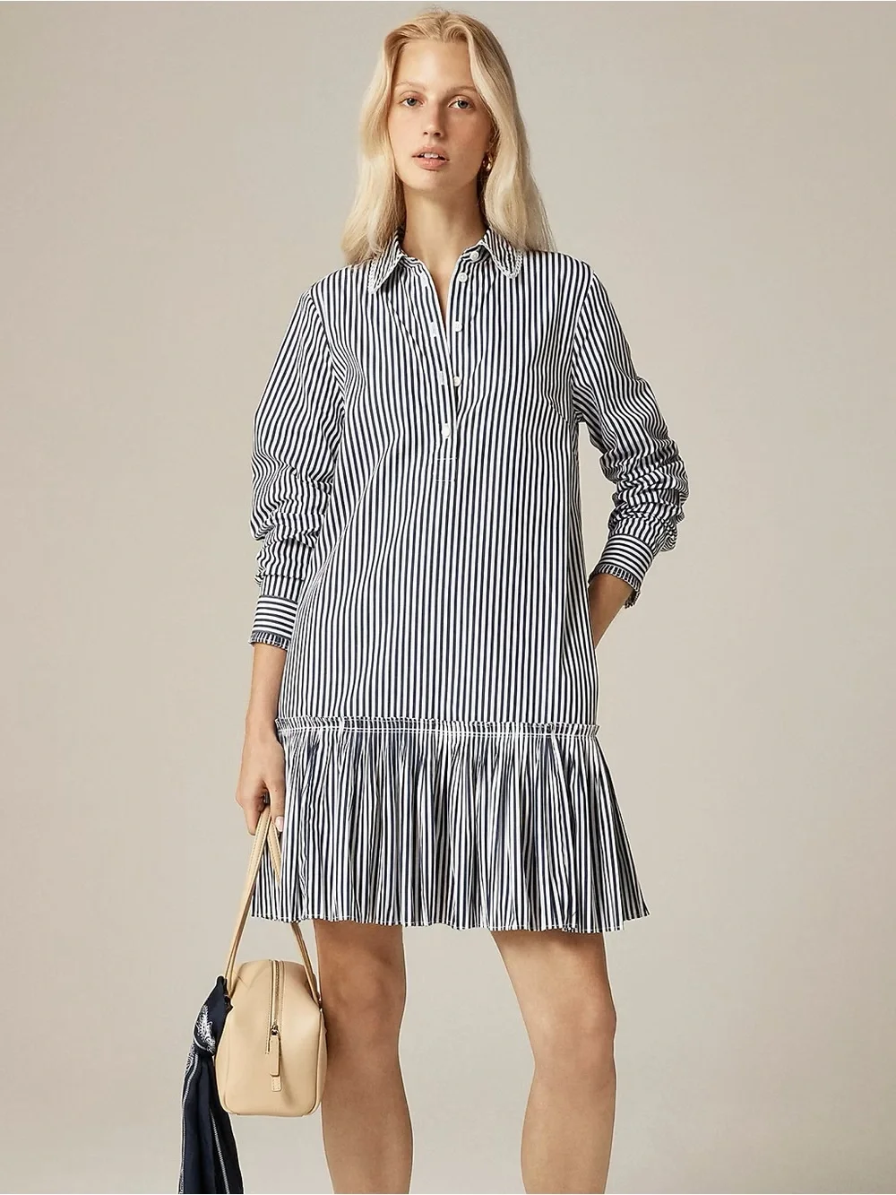 J. Crew Navy and White Striped Shirt Dress with Ruffle Hem - Picture 1 of 3